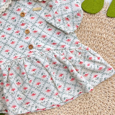 Vestido Manga Longa Florido com Gola Grypir - Areia